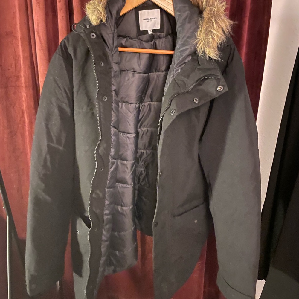 Jack & Jones Men's Black Puffer Jacket with Fur Hood